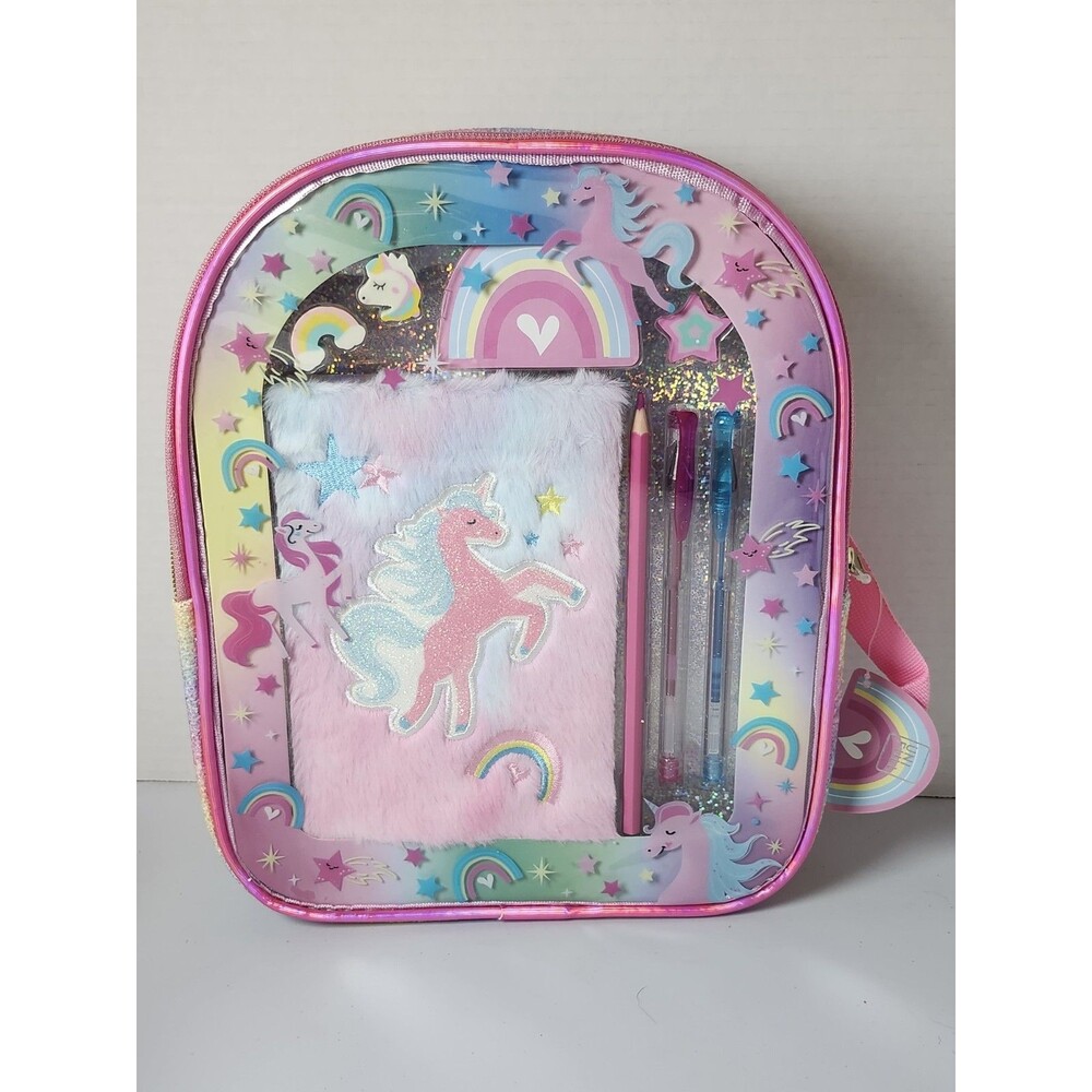Unicorn Rainbow Glitter Backpack with Notebook, Sticky Notes, Pens, And Pencil